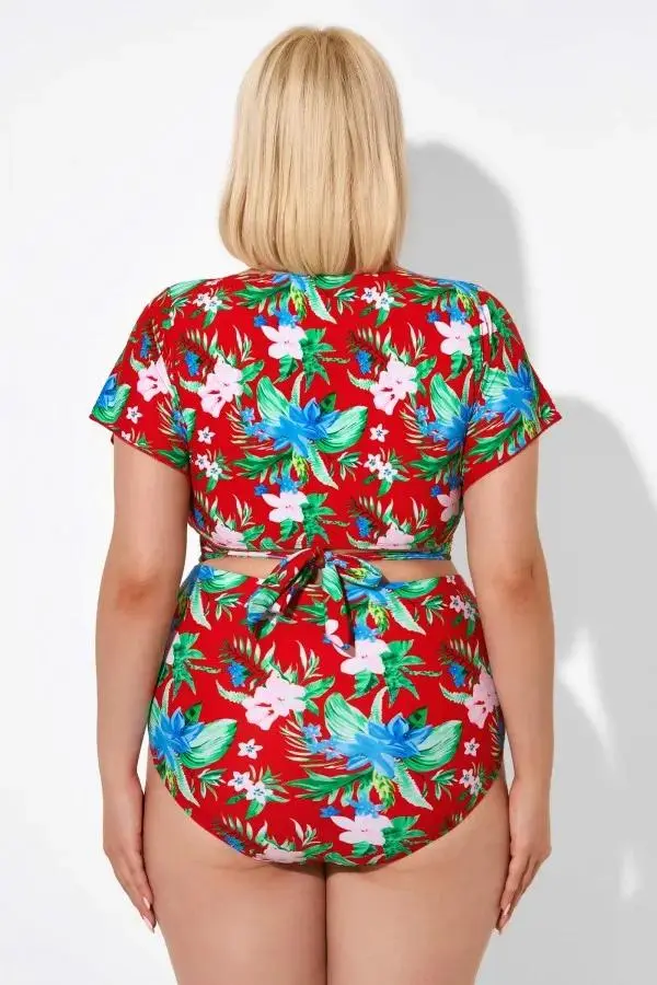 Flower Printed V-neck Bikini Top with Sleeves