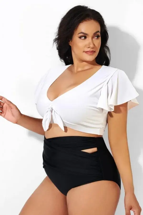 White Flutter-Sleeve Tie Detail Bikini Top