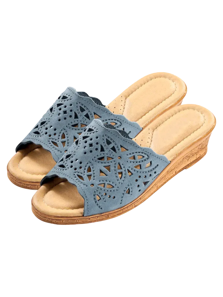 Women's Leather Cutwork Wedge Slide Sandals