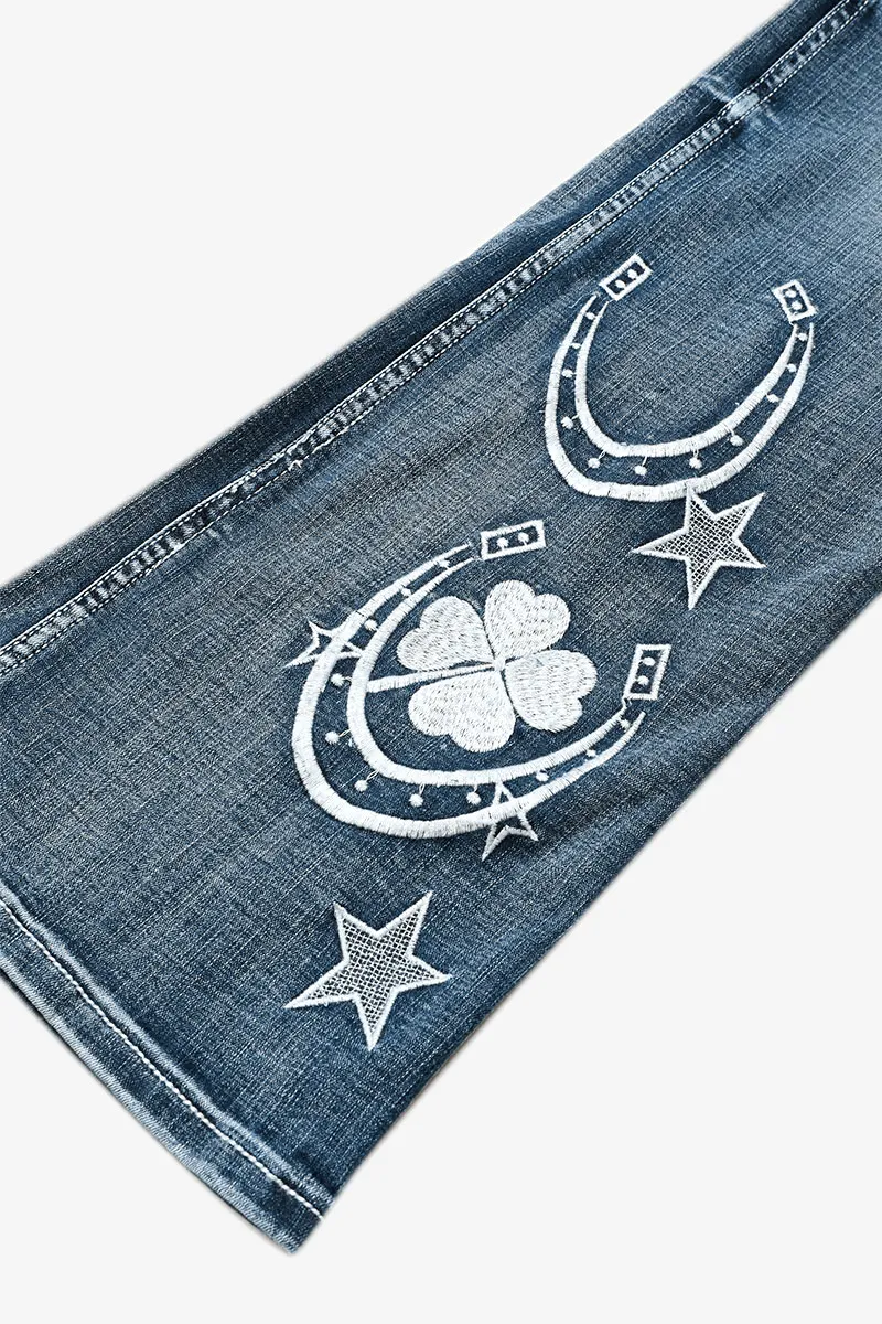 Star & Moon Pattern Double Button Mid Rise Flare Jeans