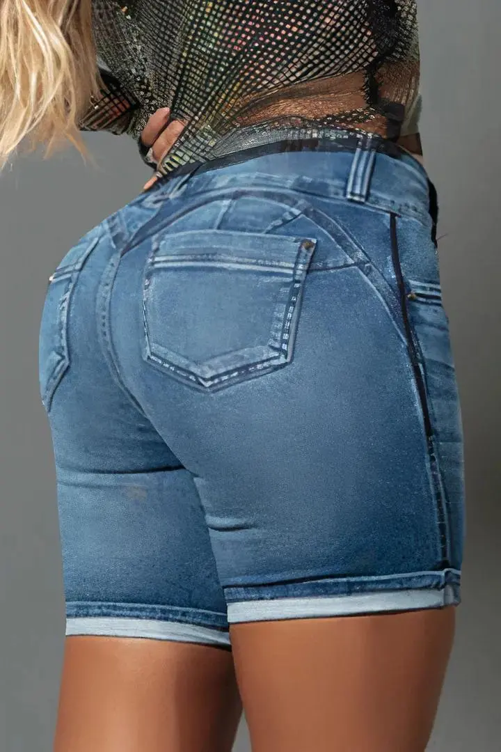 Double Button Roll Hem High Waist Denim Mid Thigh Shorts