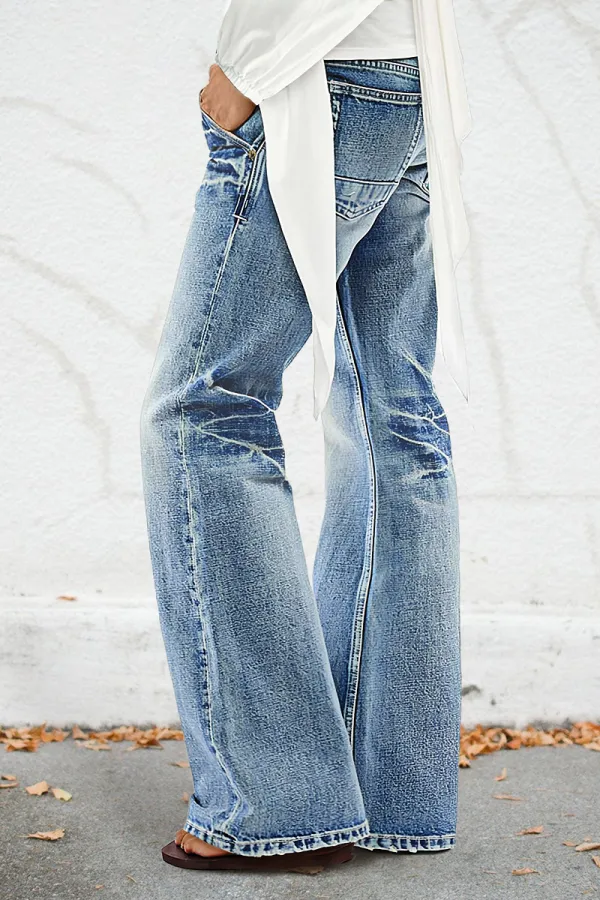 Wash Stretchy Mid Waist Straight Leg Jeans Without Belt