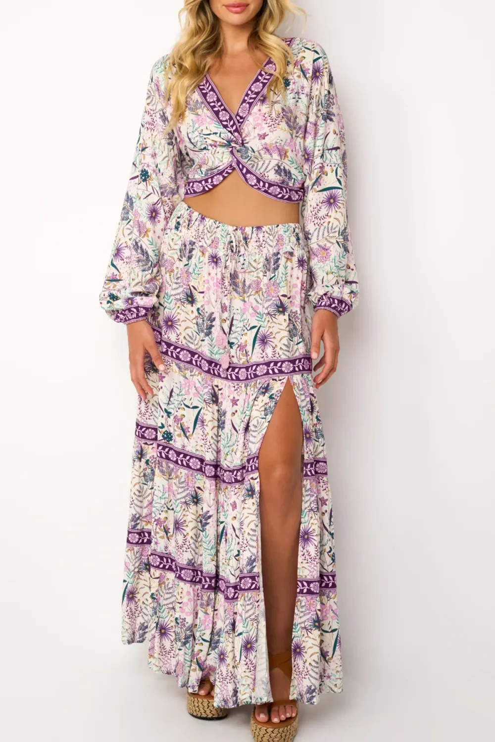 Purple And White Floral Print Split Maxi Skirt