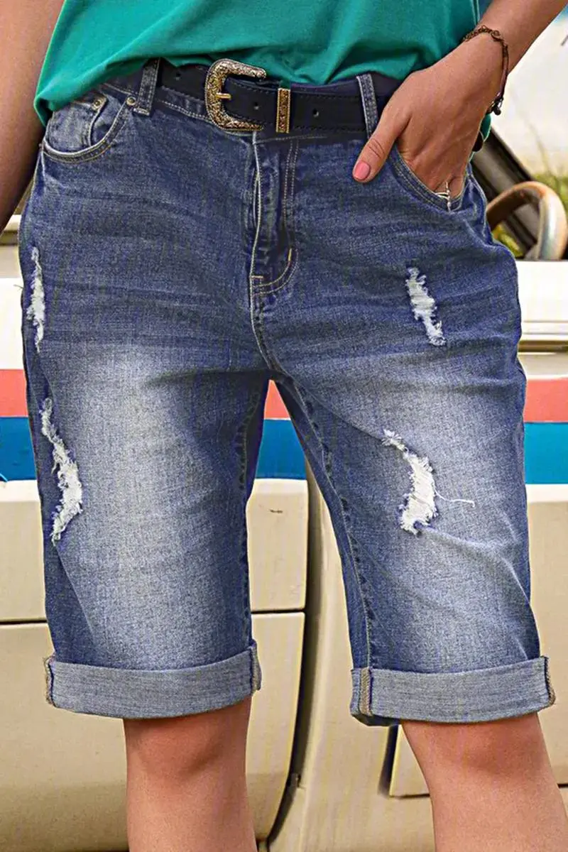 Ripped Rolled Hem Denim Bermuda Shorts Without Belt