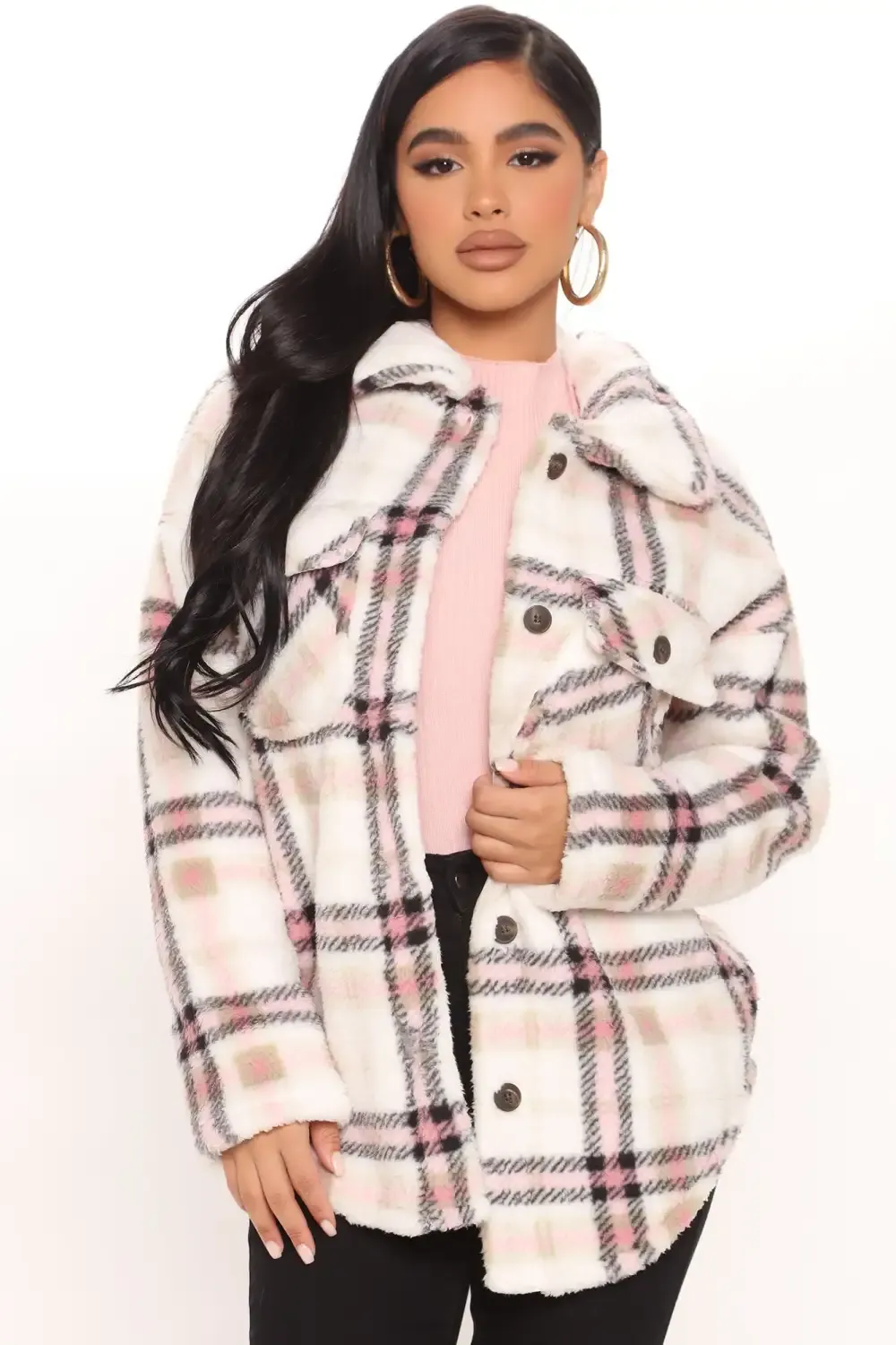 Shirt Jacket Sherpa Shacket - Pink/combo