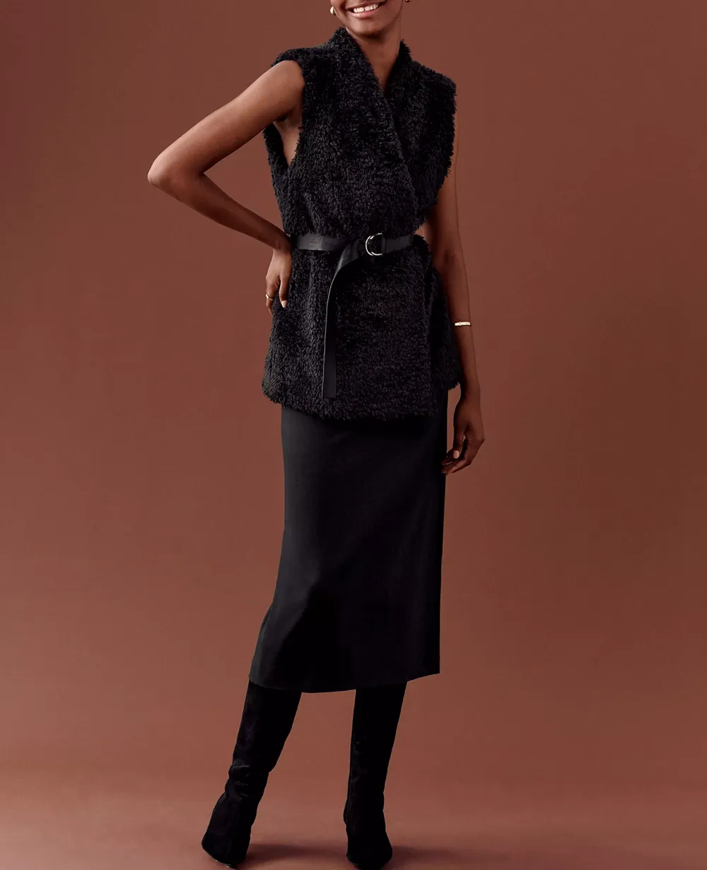 Petite Faux Leather Pleated Midi Skirt