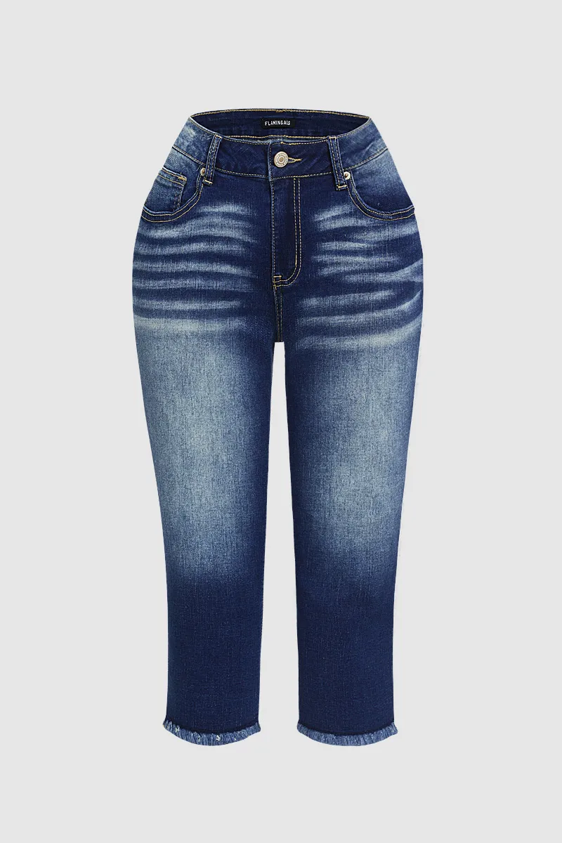 Raw Hem Wash High Stretch Mid Waist Capri Jeans