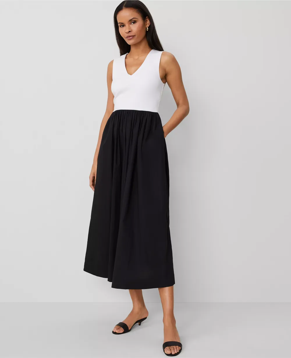 V-Neck Mixed Media Flare Dress