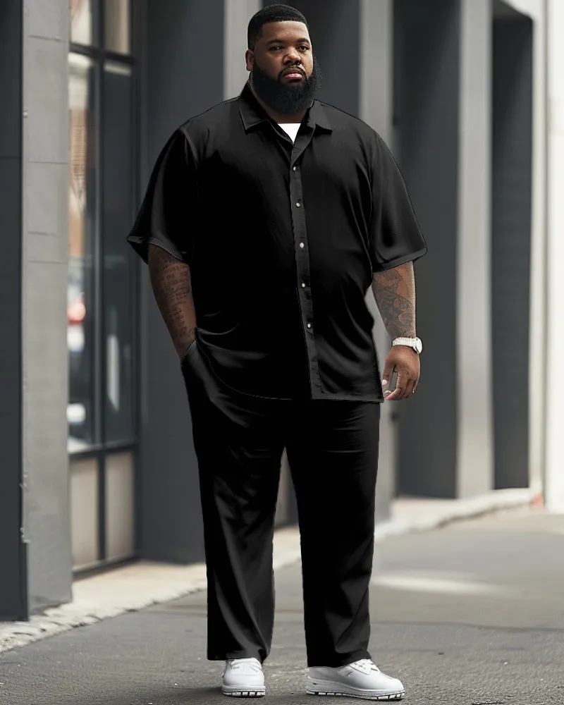 Big Men'S Casual Solid Color Short Sleeve Shirt And Pants Set
