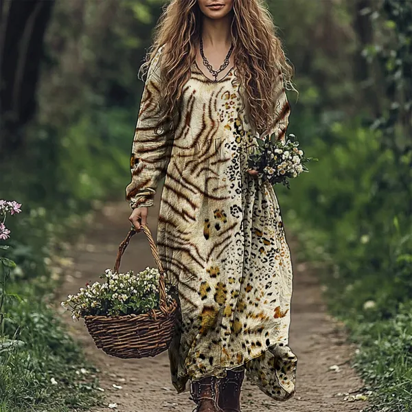 Vintage Zebra & Leopard Pattern Flowy Maxi Dress
