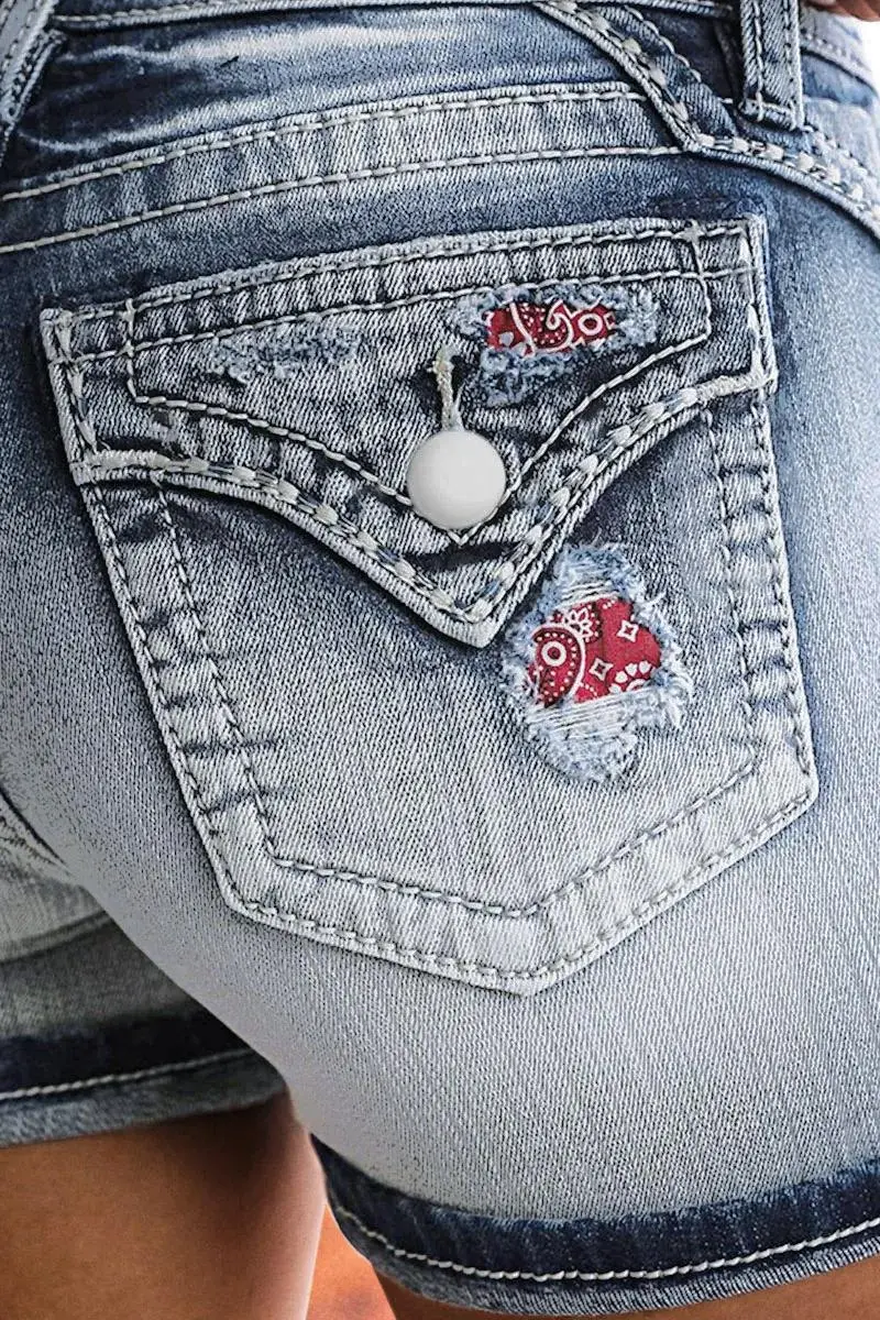 Wash Paisley Patched Ripped Mid Rise Denim Shorts