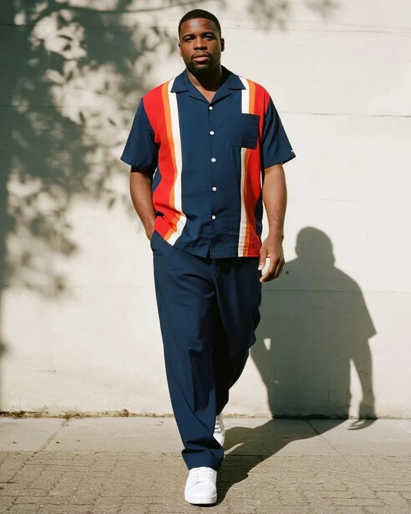 Big & Tall Men's Stripe Short Sleeve Shirt and Pants Suit