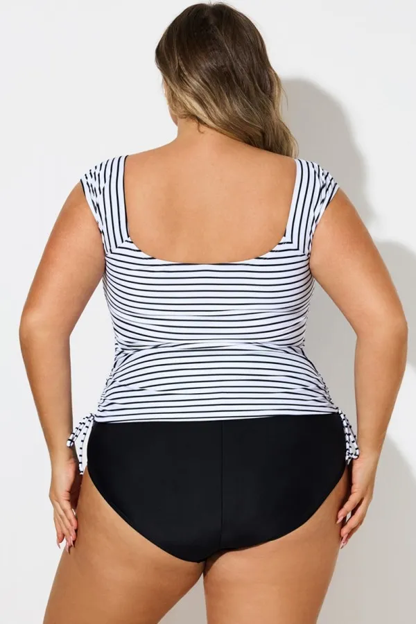 Black & White Stripes Tie Side Tankini Top
