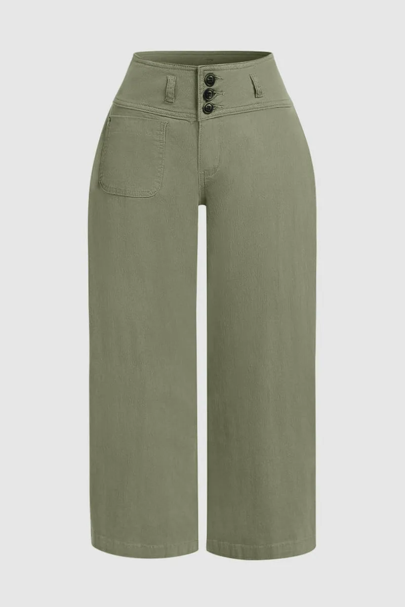 Solid Button Up Wide Leg Crop Low Waist Jeans