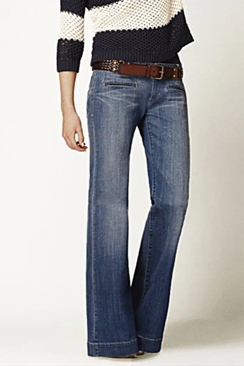 Washed Pocket Detail Low Rise Flare Jeans Without Belt