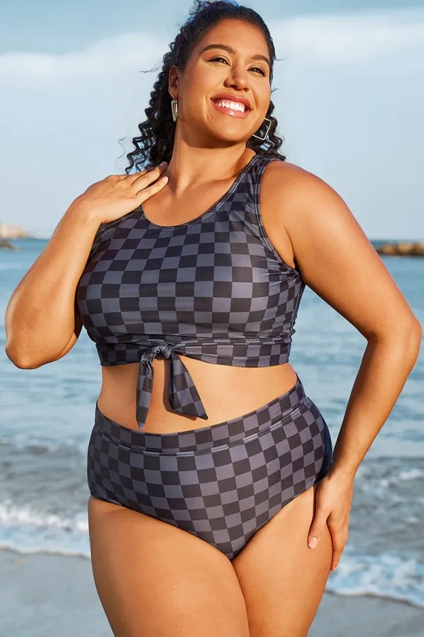Black Grey Check Knotted Crop Bikini Top