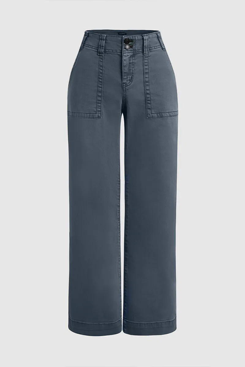 Double Button Mid Waist Straight Leg Pants