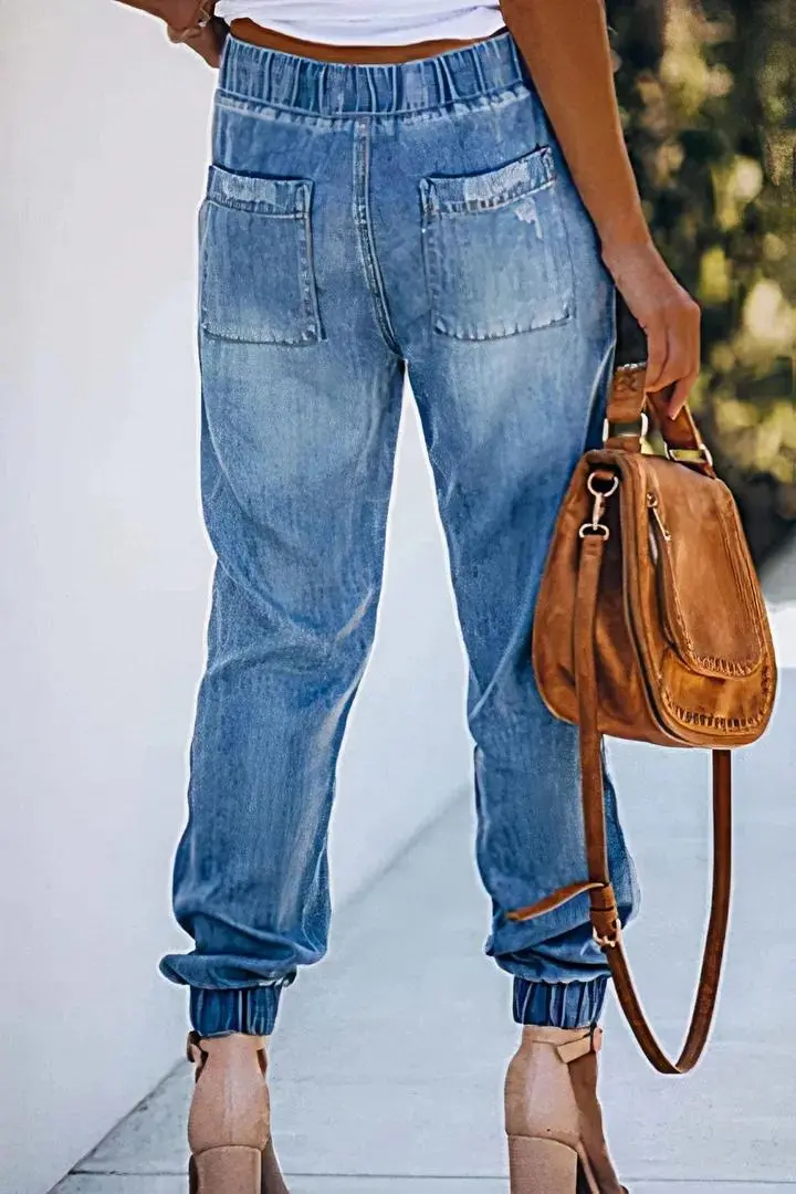 Cut Out Slant Pocket Drawstring Mid Rise Straight Leg Cropped Jeans
