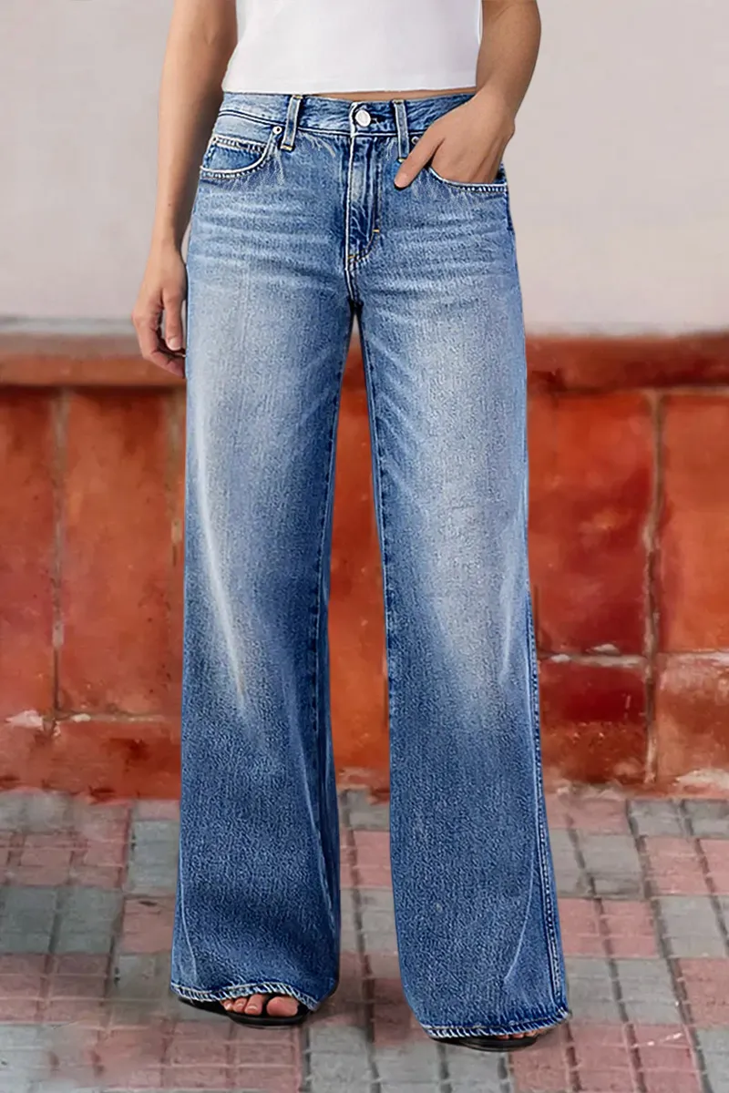 Wash Straight Leg Mid Waist Jeans