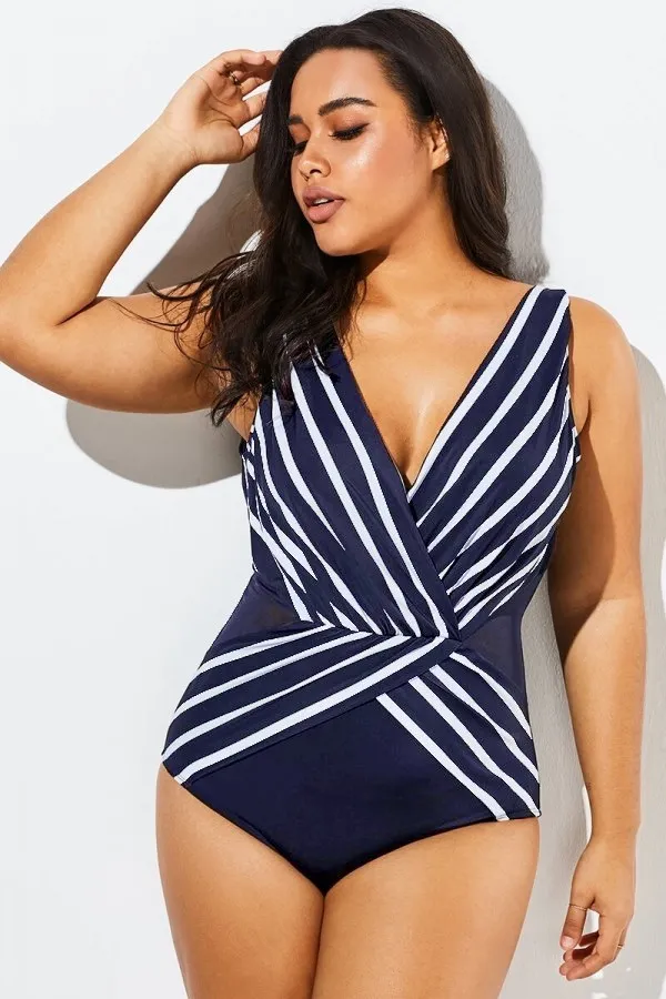 Black V-Neck Streak Modern One Piece Swimsuit