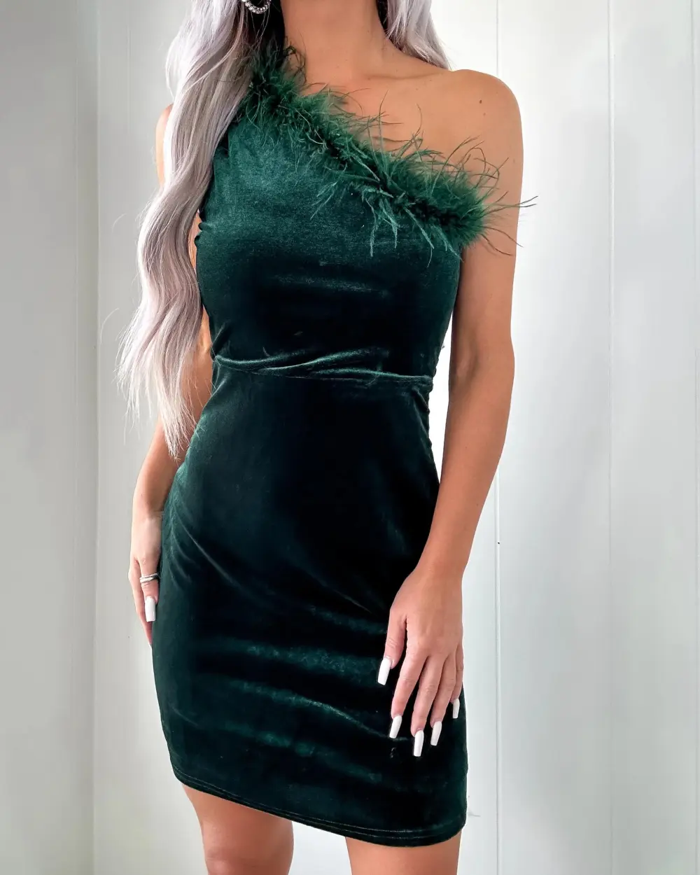 Feather Velvet Dress - Green