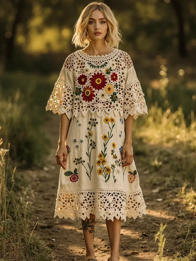 Women's Retro Lace Flowers Embroidery Art Midi Dress