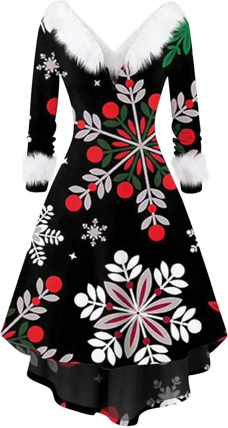 Womens Christmas Dress Fuzzy Mrs Claus Christmas Holiday Xmas Cocktail Holiday Party Flare Dress