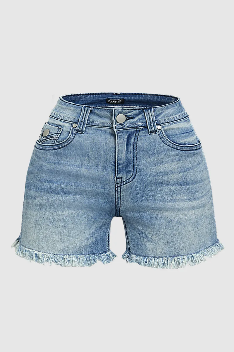 Raw Hem Stitch Detail Mid Waist Denim Shorts