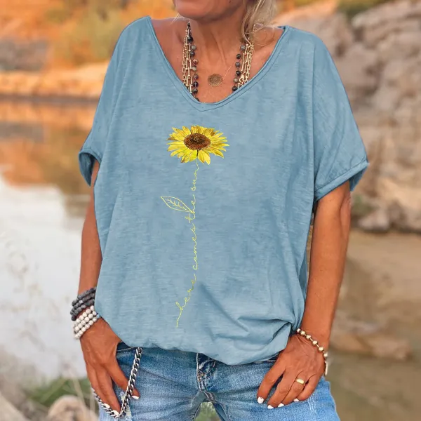 Here Comes The Sun Printed Sunflower T-shirt
