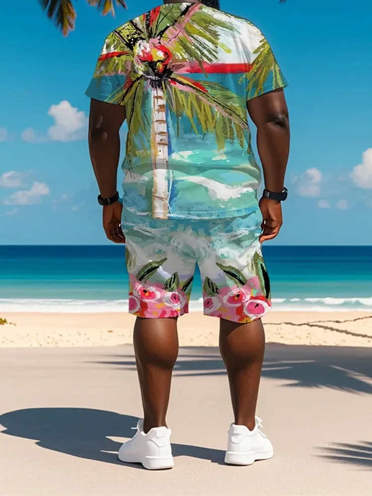 Big & Tall Men'S Hawaiian Coconut Flower Graffiti Print Round Neck Short Sleeve T-Shirt Shorts Suit