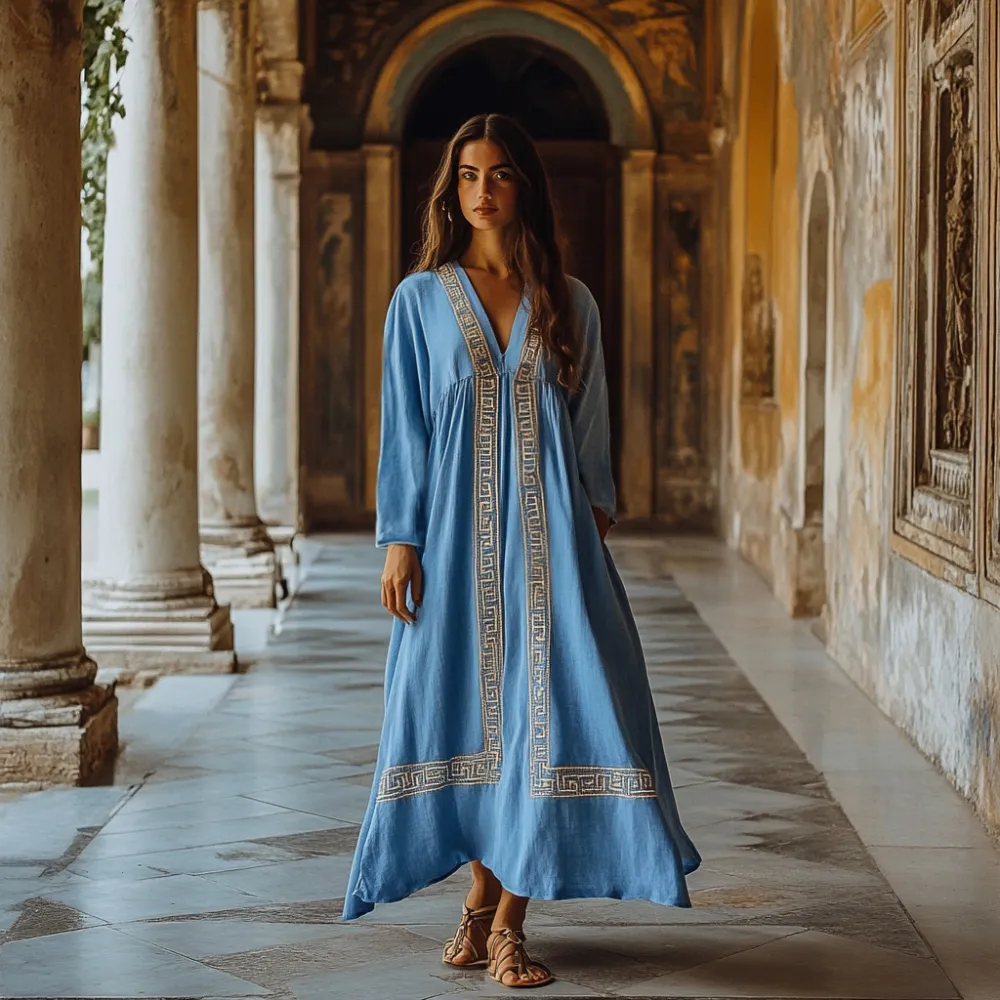 Greek Key Print V-neck Loose Midi Dress