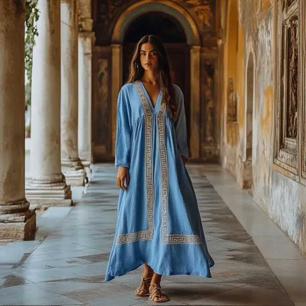 Greek Key Print V-neck Loose Midi Dress
