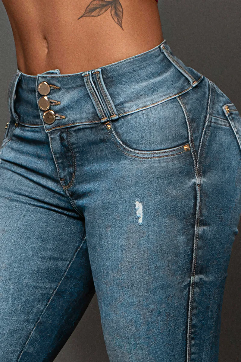 Button Up Roll Hem Mid Rise Capri Jeans