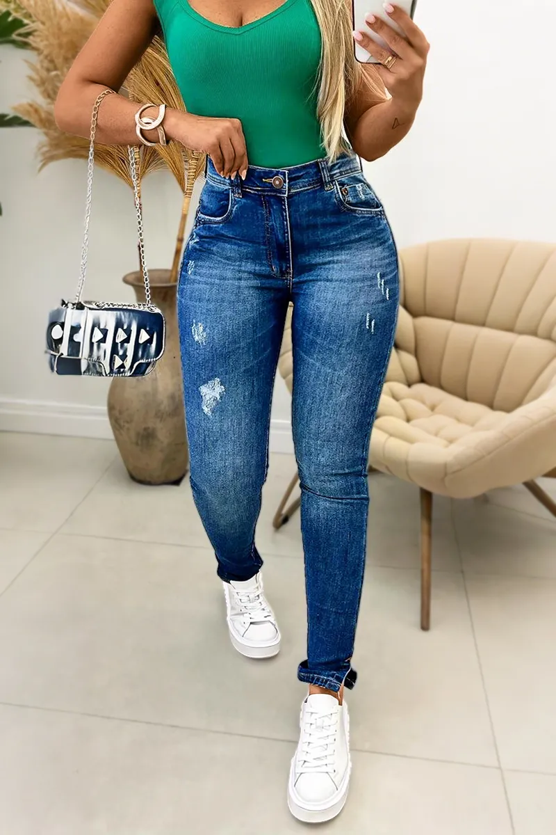 Ripped Detail Split Hem High Waist Skinny Jeans