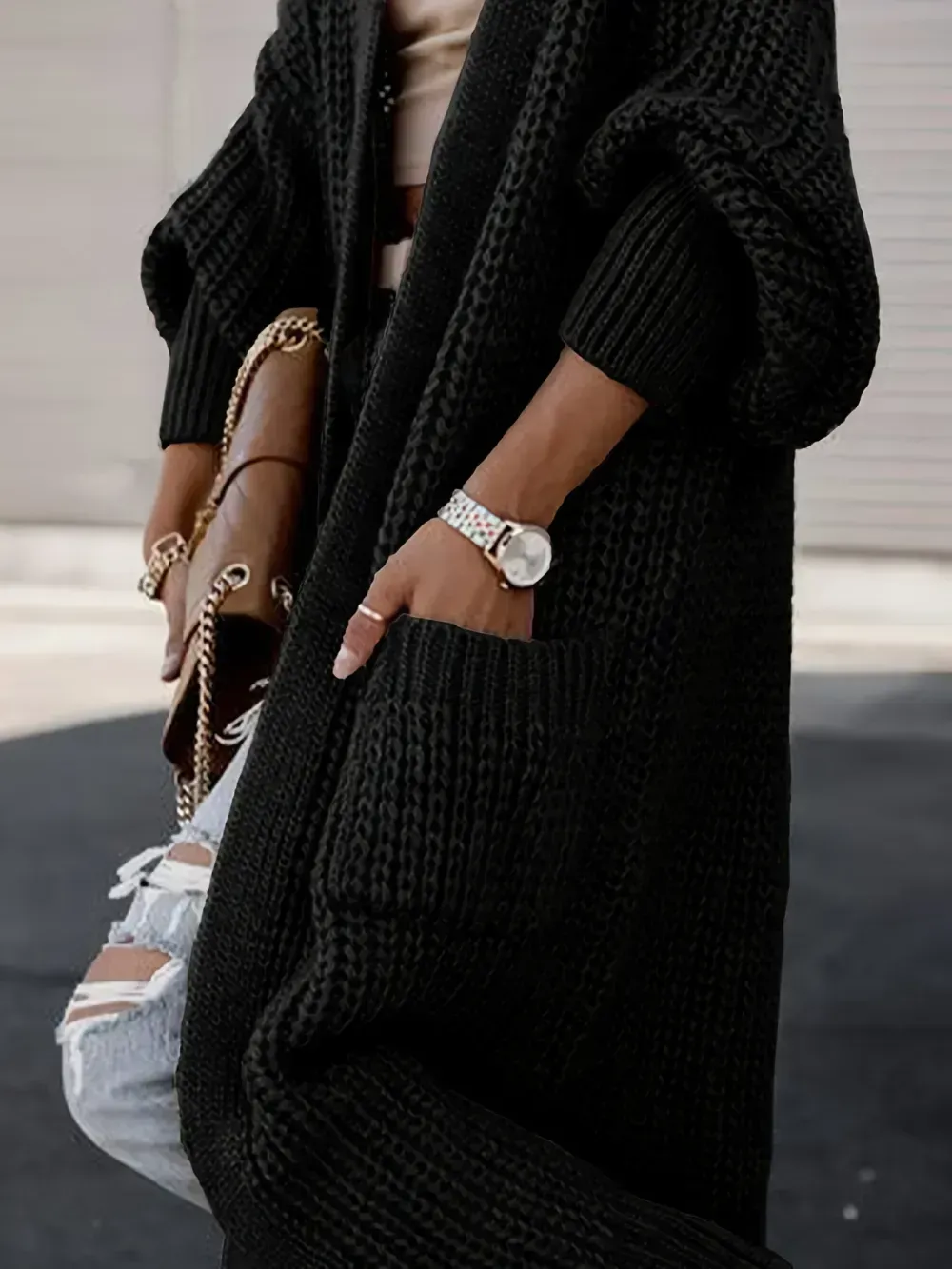 Plus Size Casual Cardigan, Women's Plus Solid Long Sleeve Open Front Cardigan With Pockets