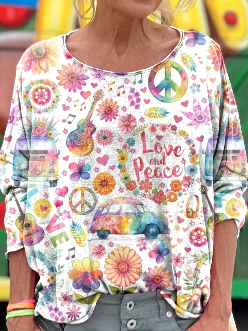 Love And Peace Print Loose Round Neck Women's Long Sleeve T-Shirt