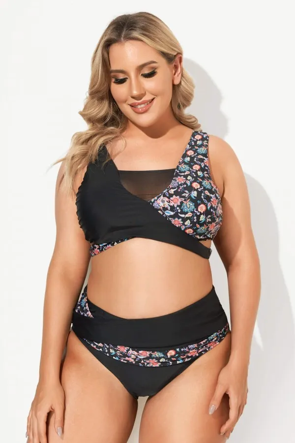 Floral Printed High Waist Mesh Bikini Set