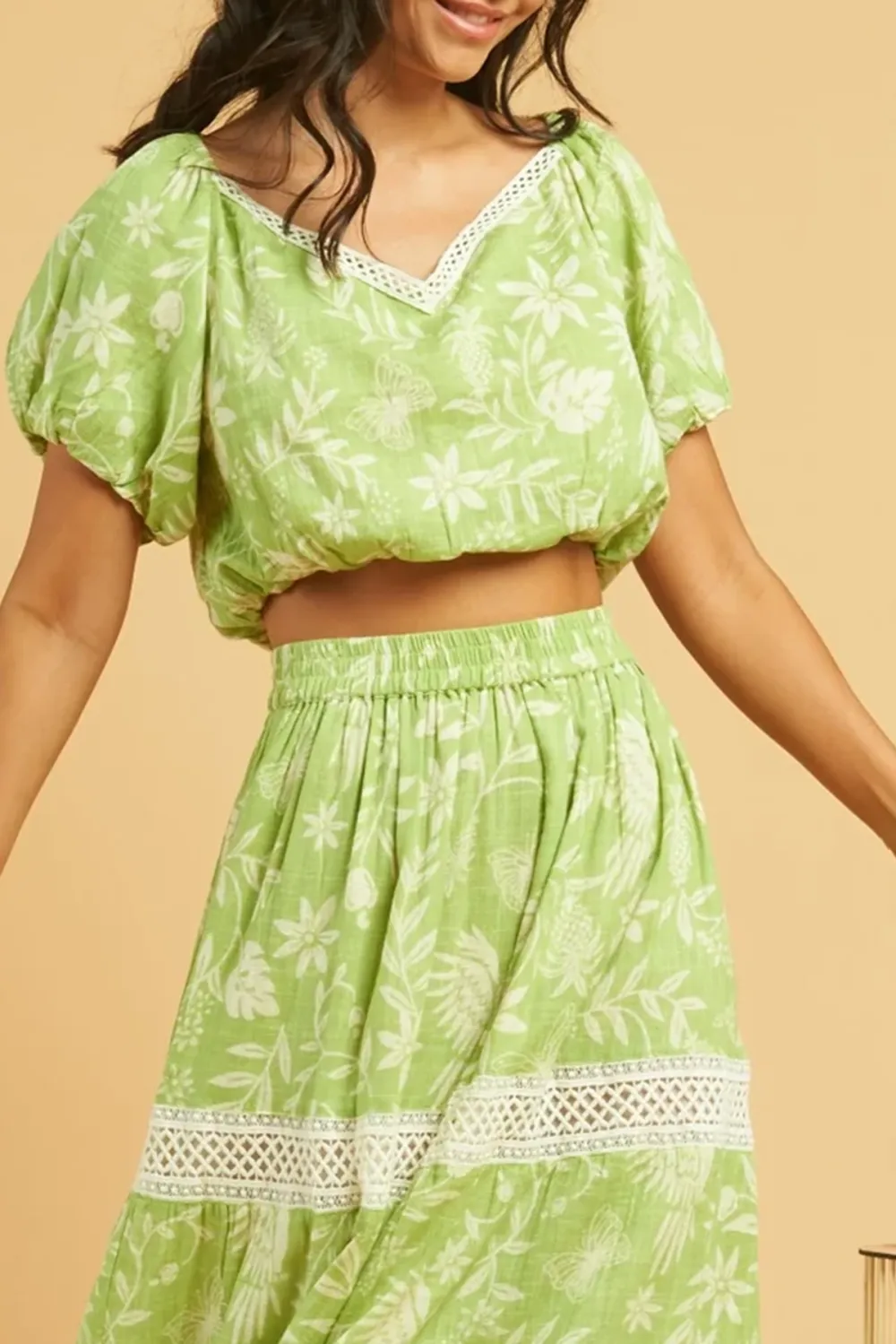 Light Green And White Lace Trimmed Maxi Skirt