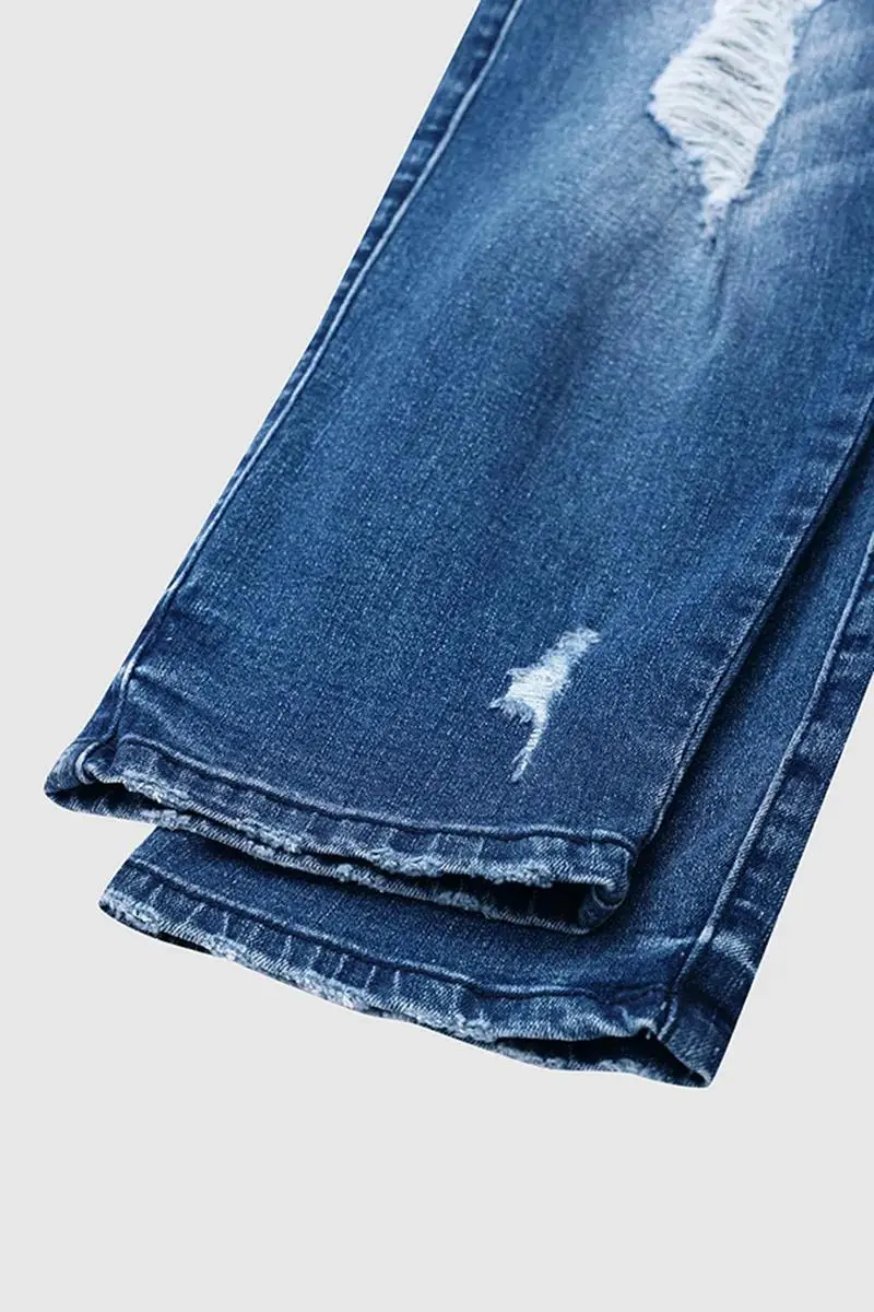 Wash Ripped Double Button High Rise Capri Jeans