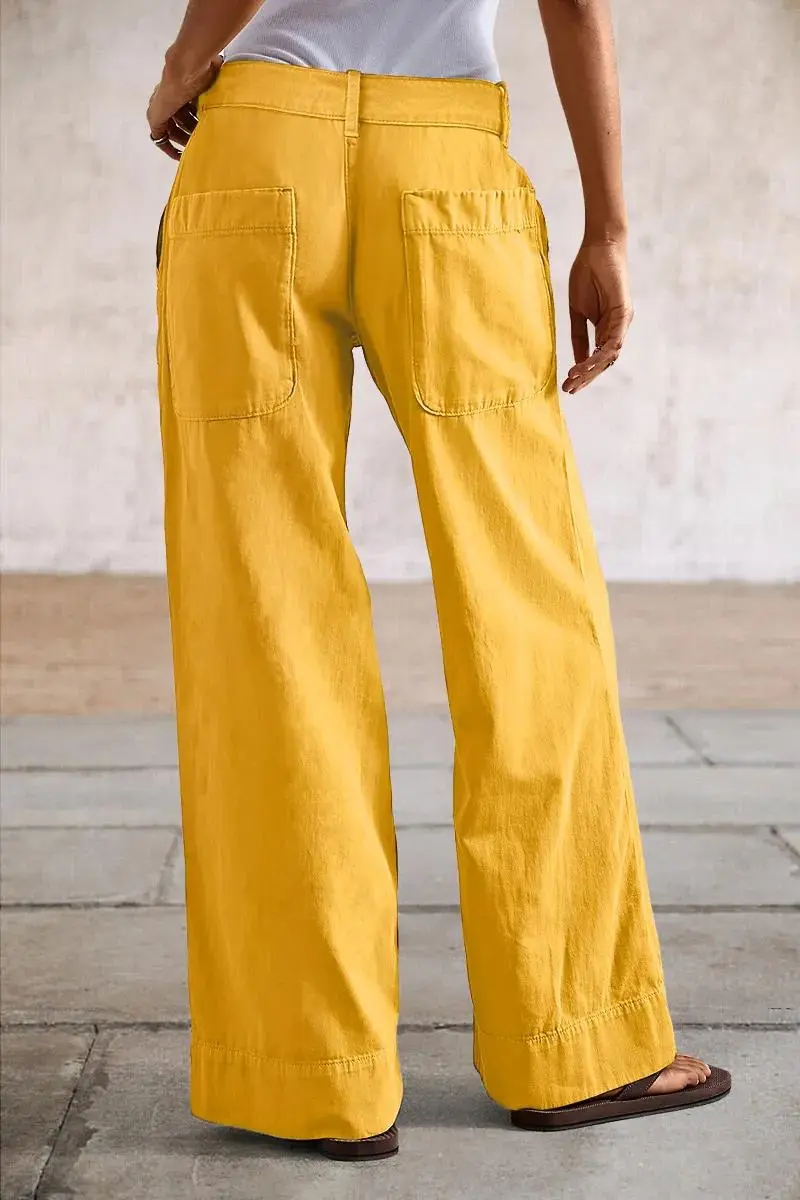 Solid Stitch Detail Mid Waist Straight Leg Pants