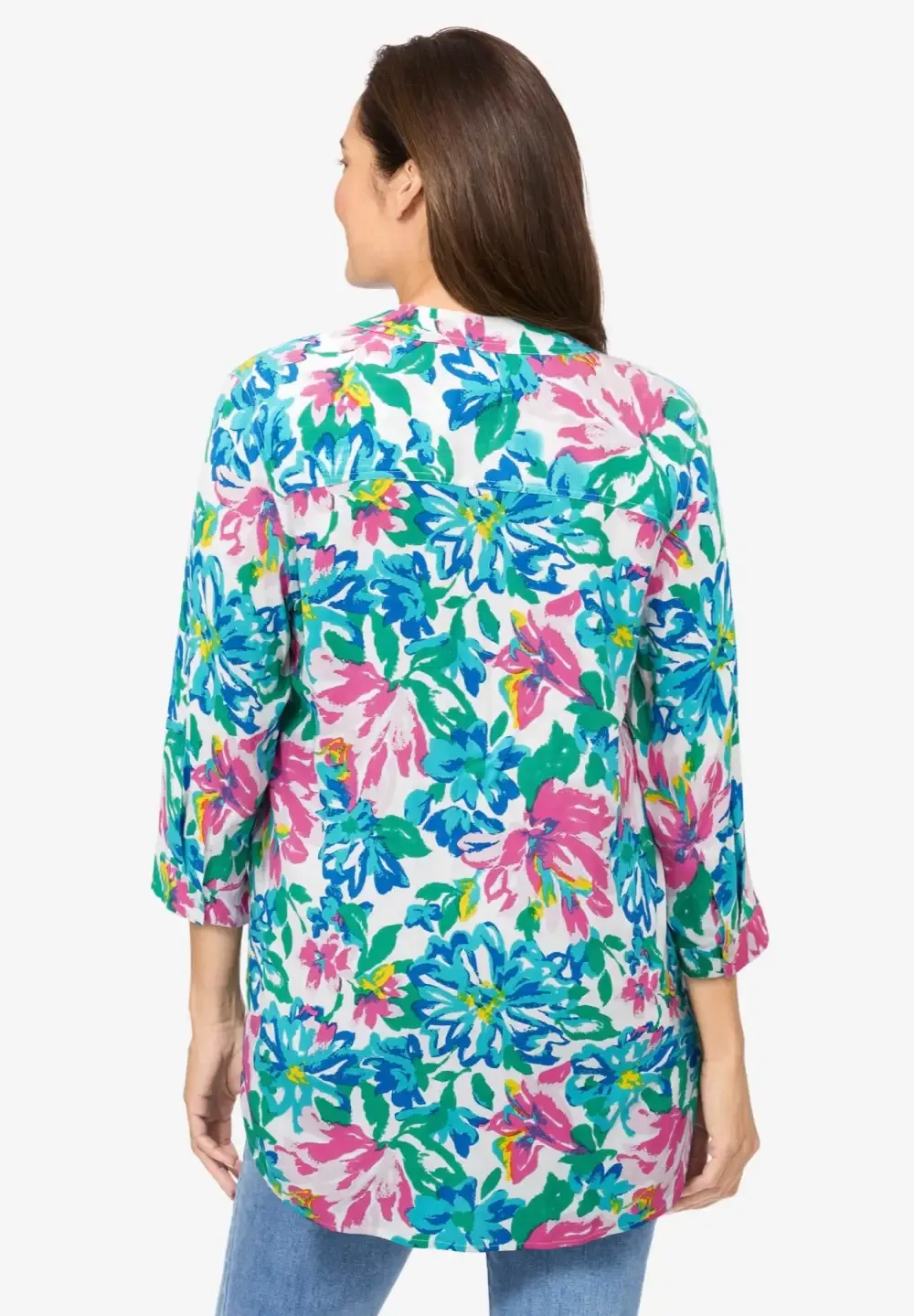 Rayon 7-Day Three-Quarter Sleeve Tab-Front Tunic