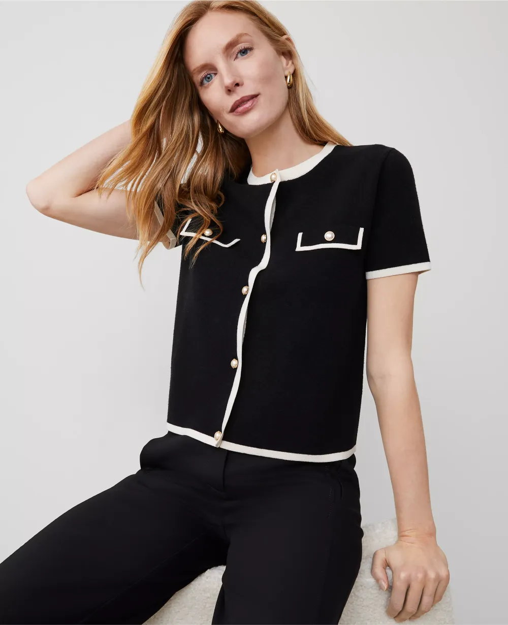 Pearlized Button Short-Sleeve Cardigan