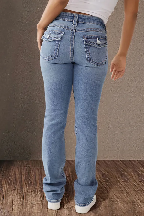 Wash Double Button Flap Pocket Mid Waist Straight Leg Jeans