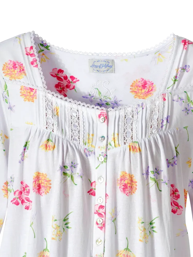 Lanz Tossed Floral Cotton Knit Long Nightgown