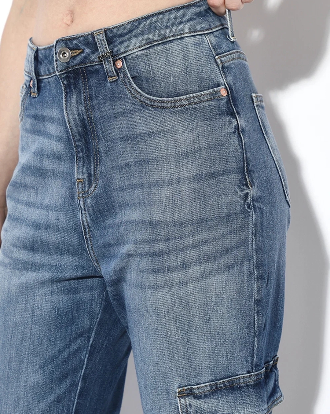 Blue High Rise Cargo Jeans with Floral Embroidery