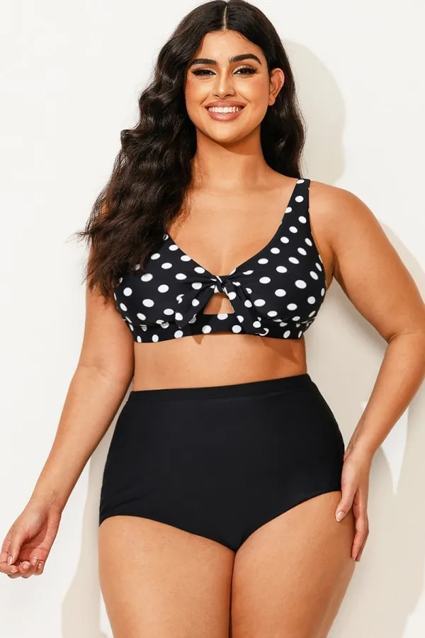 Polka Dot V neck Front Knot Bikini Top