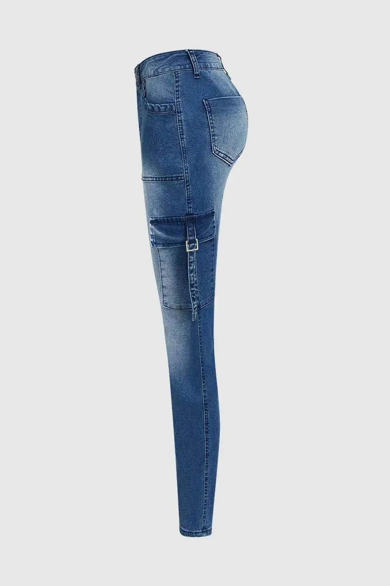 Buckle Strap Flap Pocket Side High Waist Skinny Cargo Jeans