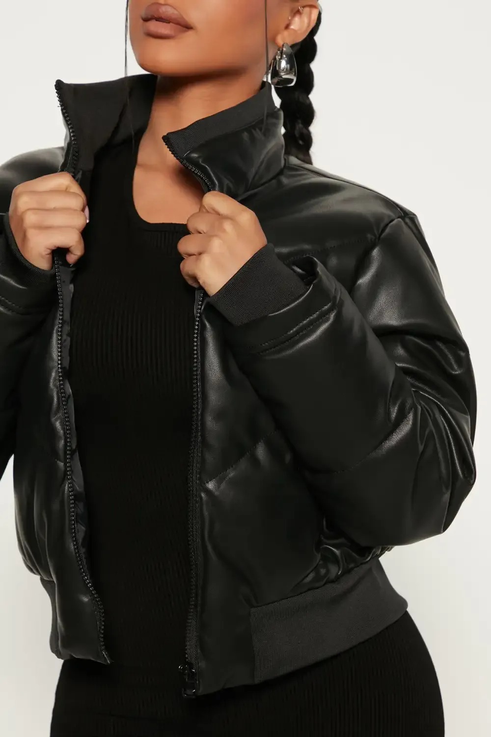 No Excuses Faux Leather Puffer Jacket - Black