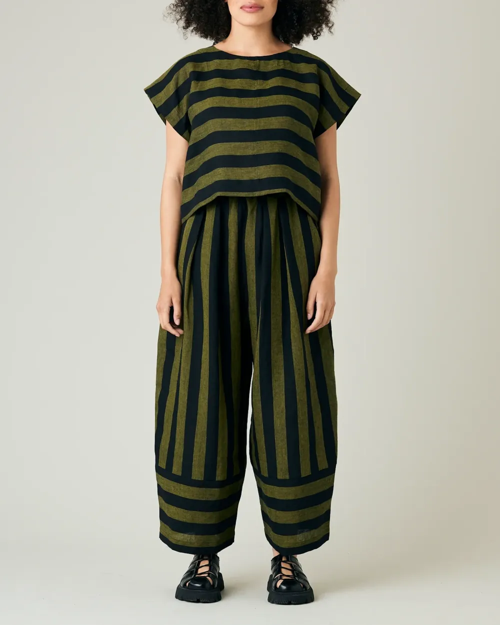 BLACK & OLIVE STRIPE LINEN TROUSERS