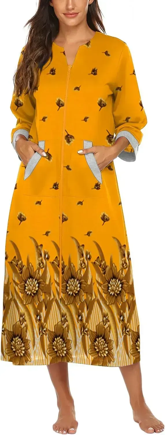 Women Zipper Robe 3/4 Sleeves Loungewear Dress Full Length Sleepwear Pockets Housecoat Nightgown Long Bathrobe